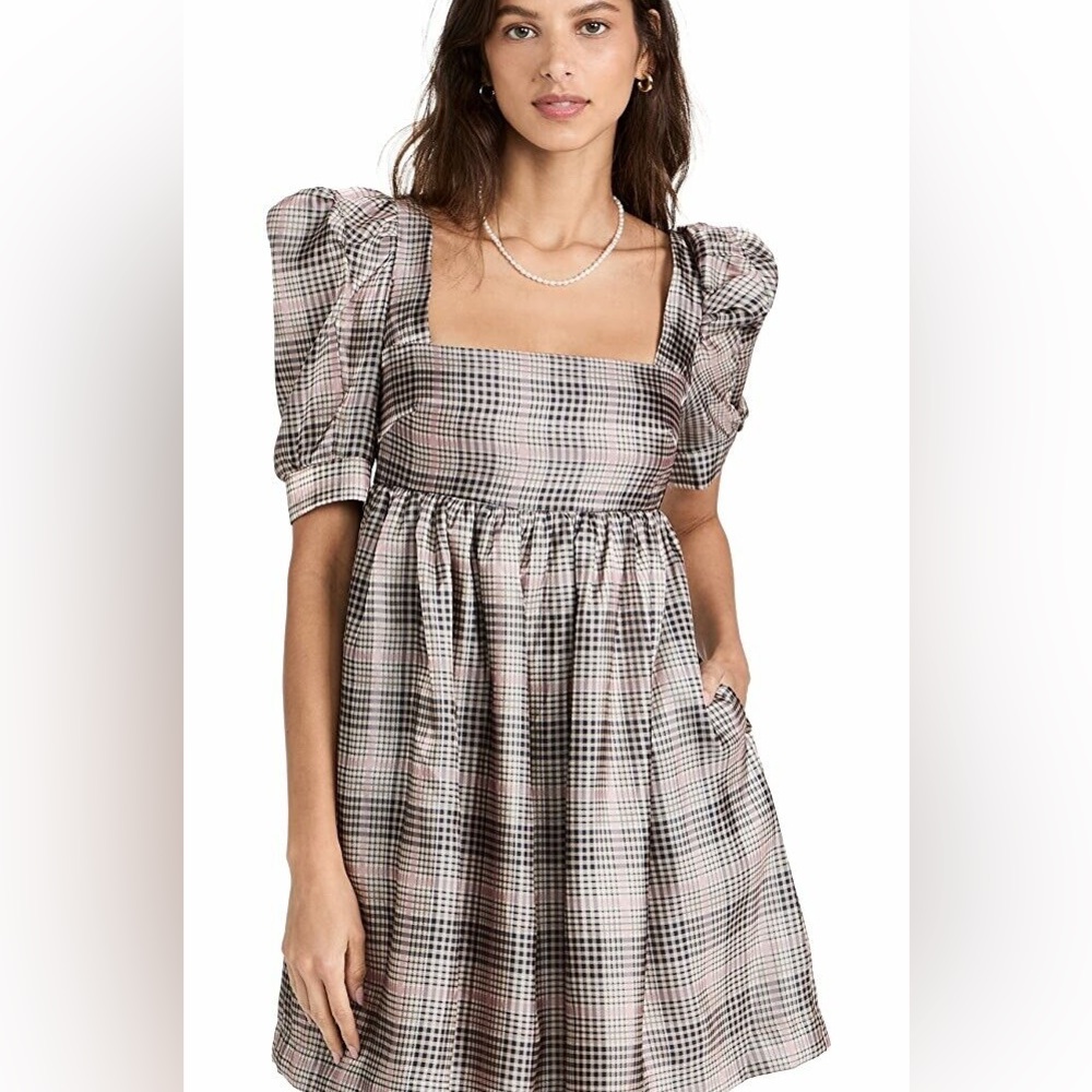 En Saison Puff-Sleeve Square-Neck Checked Mini Dress in Pink and Black